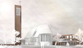 Die Pläne für den Kirchturm in Lurup: So könnte der neue Turm samt Kirche und Kita aussehen.  - © akyol kamps bbp architekten - Copyright: akyol kamps bbp architekten