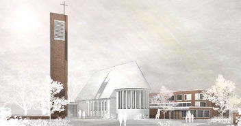 Die Pläne für den Kirchturm in Lurup: So könnte der neue Turm samt Kirche und Kita aussehen.  - © akyol kamps bbp architekten - Copyright: akyol kamps bbp architekten