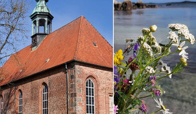 Außenansicht Schloßkirche - Blumen am Strand vor Wasser - Copyright: ©Sabine Chr. Lübke