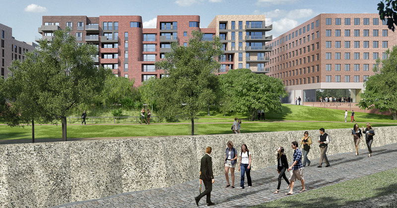 Die Bebauung am Lohsepark mit dem Dokumentationszentrum rechts im Bild