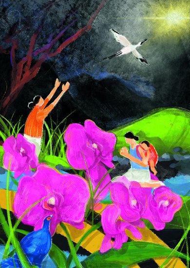 Lila Blumen, im Hintergrund ein Mensch mit erhobenen Händen, die sich auf einen darüber fliegenden Vogel richten
