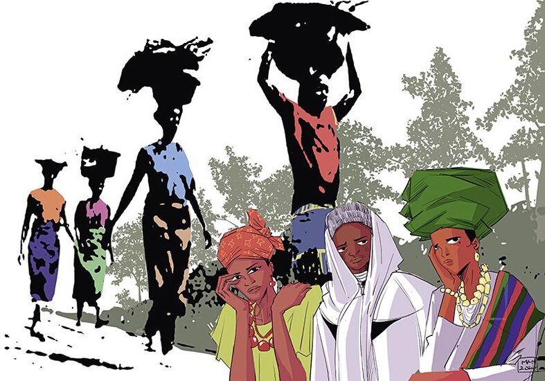 Frauengruppe in Nigeria mit teilweise Lasten auf dem Kopf