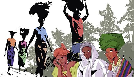 Frauengruppe in Nigeria mit teilweise Lasten auf dem Kopf - Copyright: Weltgebetstag