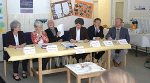 Von links: Pröpstin Margit Baumgarten, Bischöfin Maria Jepsen, Nordelbischer Pressesprecher Norbert Radzanowski, Staatsrat Christian Maaß.
